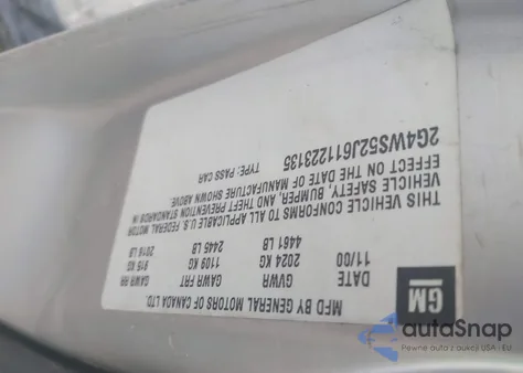 2001 Buick Century Custom z USA, uszkodzony, nr VIN 2G4WS52J611223135